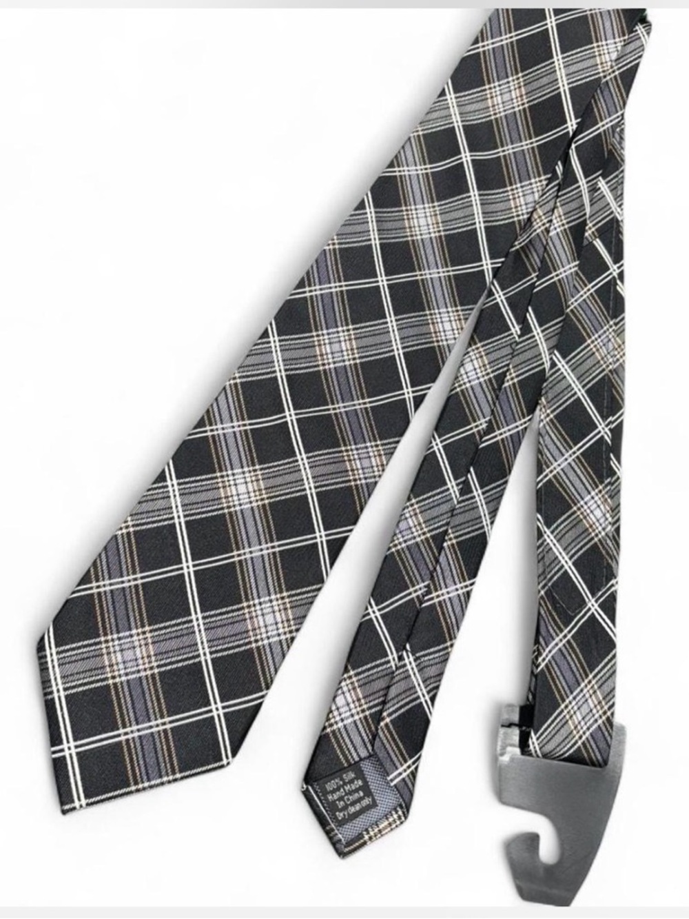 Pronto Uomo Couture Black, White, and Gray Plaid Pattern 100% Silk Necktie